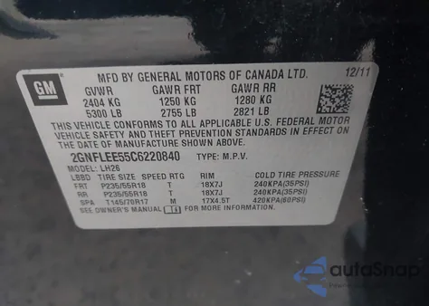 2012 Chevrolet Equinox 1Lt z USA, uszkodzony, nr VIN 2GNFLEE55C6220840